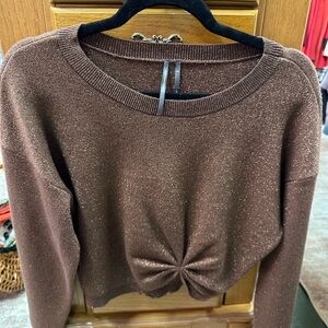 ANTHROPOLOGIE Gemini Metallic Shimmer Sweater Cropped Twist Front Knitwear Small